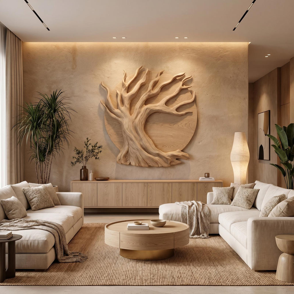 Sculptural Tree Wall Decor, Organic Circular Design Handcrafted Wooden Wall Art Accent