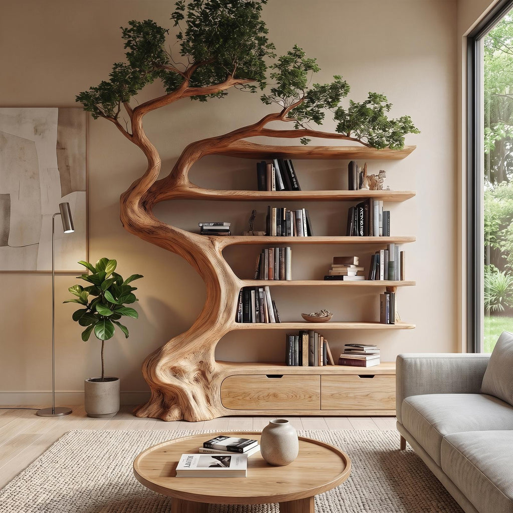 Rustic Tree Bookshelf with Storage Cabinet, Handcrafted Wood Branch Bookcase for Living Room