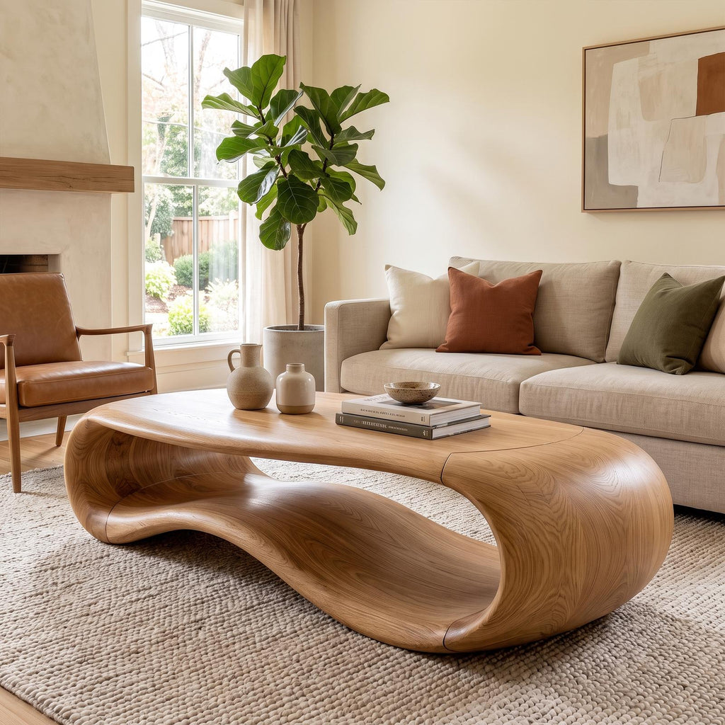 Modern Sculptural Solid Wood Coffee Table, Handcrafted Abstract Wooden Center Table for Contemporary Living Room Decor