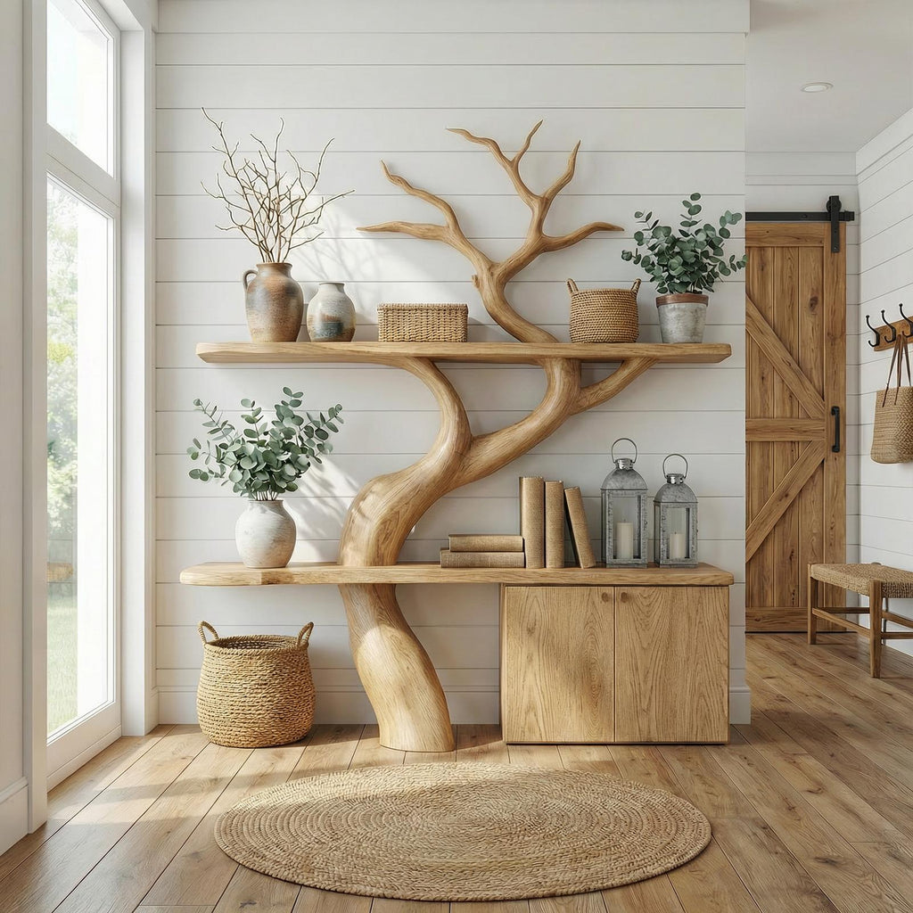 Rustic Tree Branch Bookshelf with Storage Cabinet, Solid Wood Decorative Bookcase, Bedroom Display Shelf