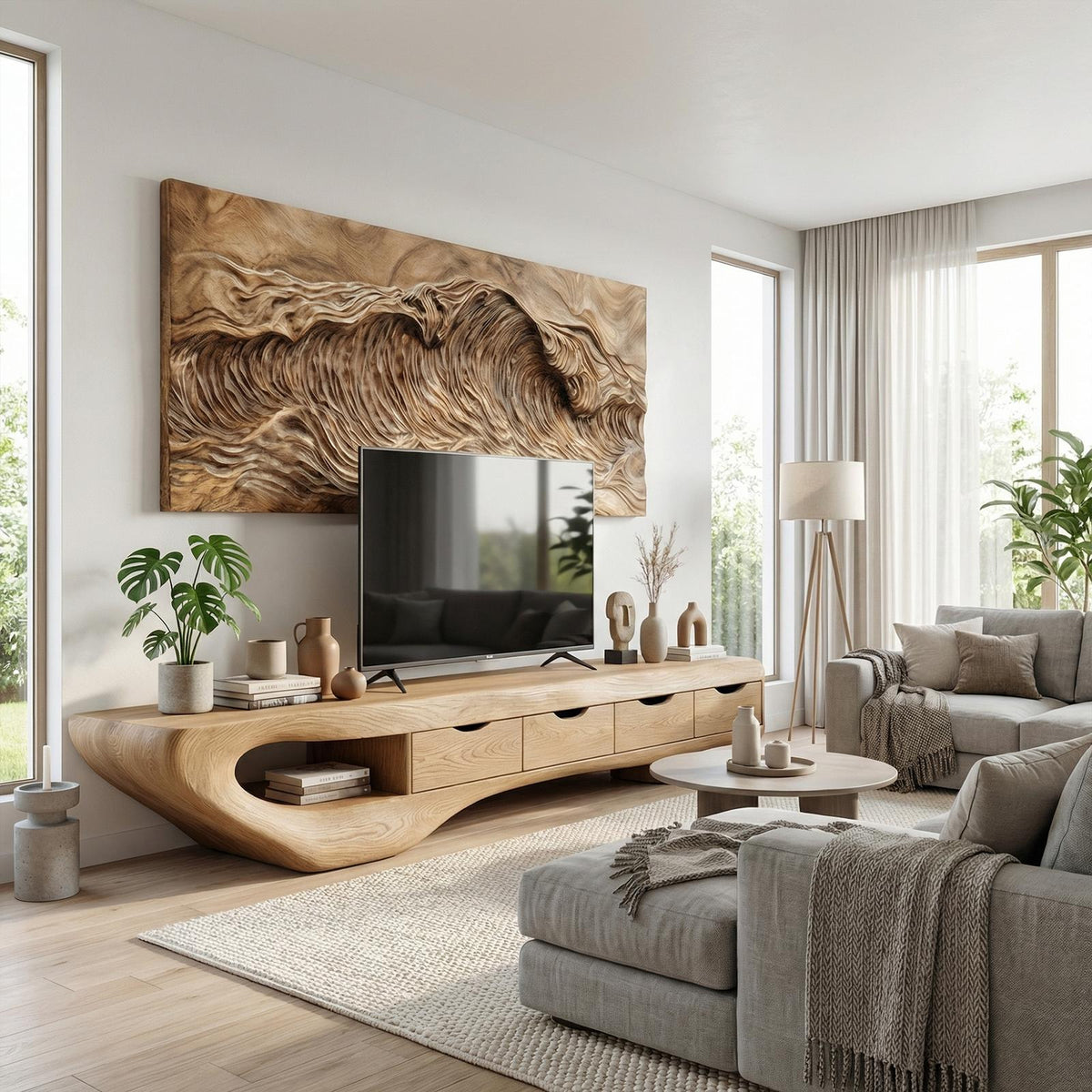 Mid-Century TV Cabinet, Solid Natural Wood Media Console Table, Modern Living Room TV Stand Unit