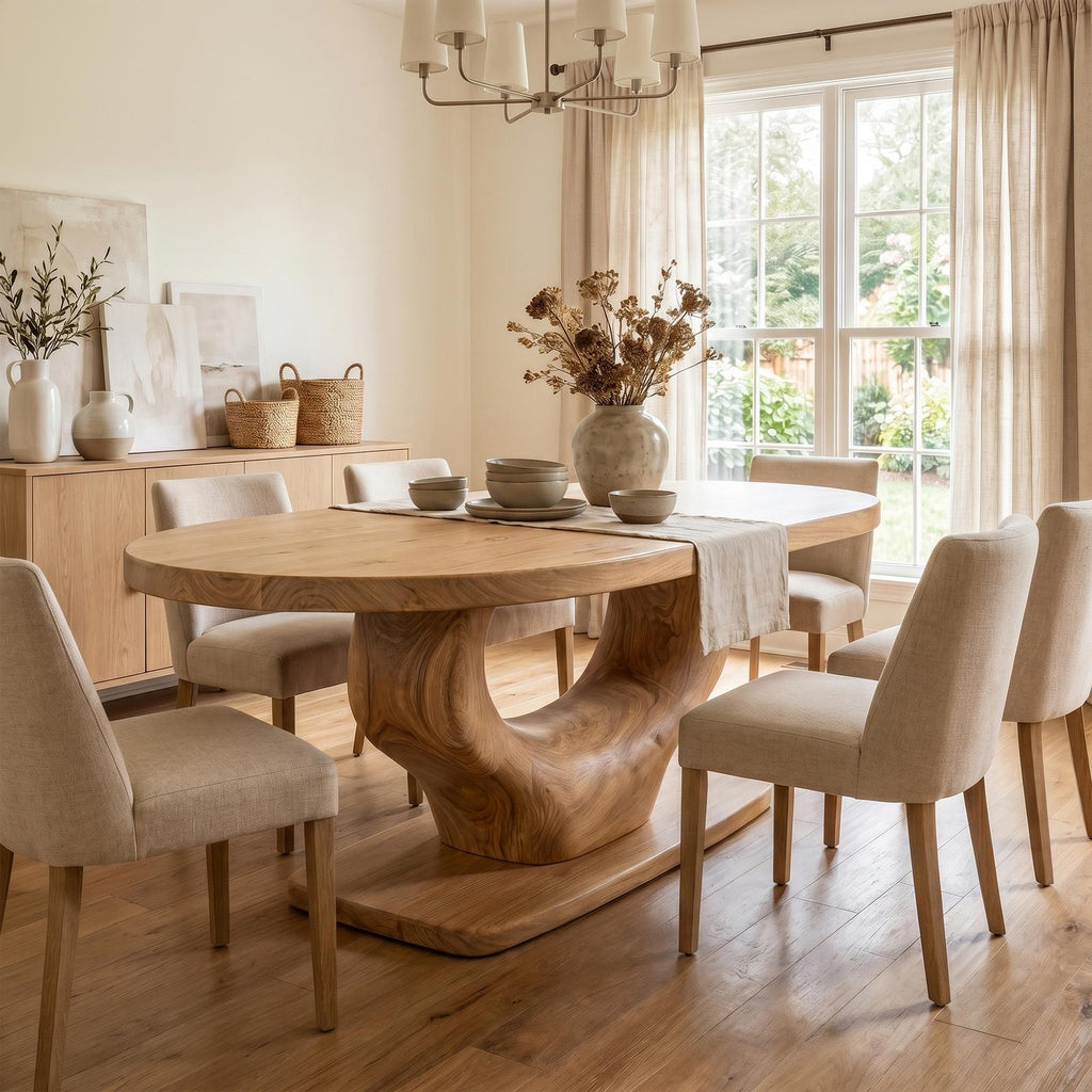 Spry Interior Rustic Curved Base Dining Table, Handcrafted Solid Wood Kitchen & Dining Room Wooden Trestle Table, SINLKIDT167