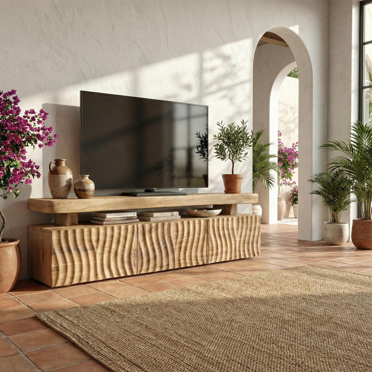 Modern TV Cabinet, Solid Wood Media Console with Unique Wave Pattern Storage for Living Room