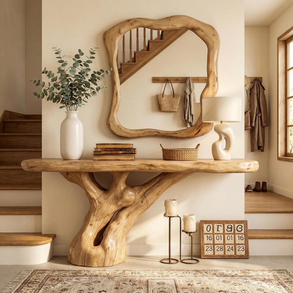 Spry Interior Rustic Tree Root Console Table, Natural Live Edge Solid Wood Entryway Table & Sofa Accent Credenza, SINLKICS570