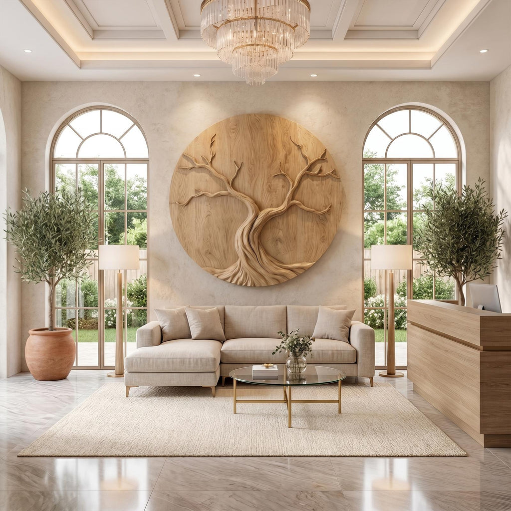 Round Tree Wall Decor, Circular Sculptural Wood Wall Art & Nature-Inspired Panel for Living Room