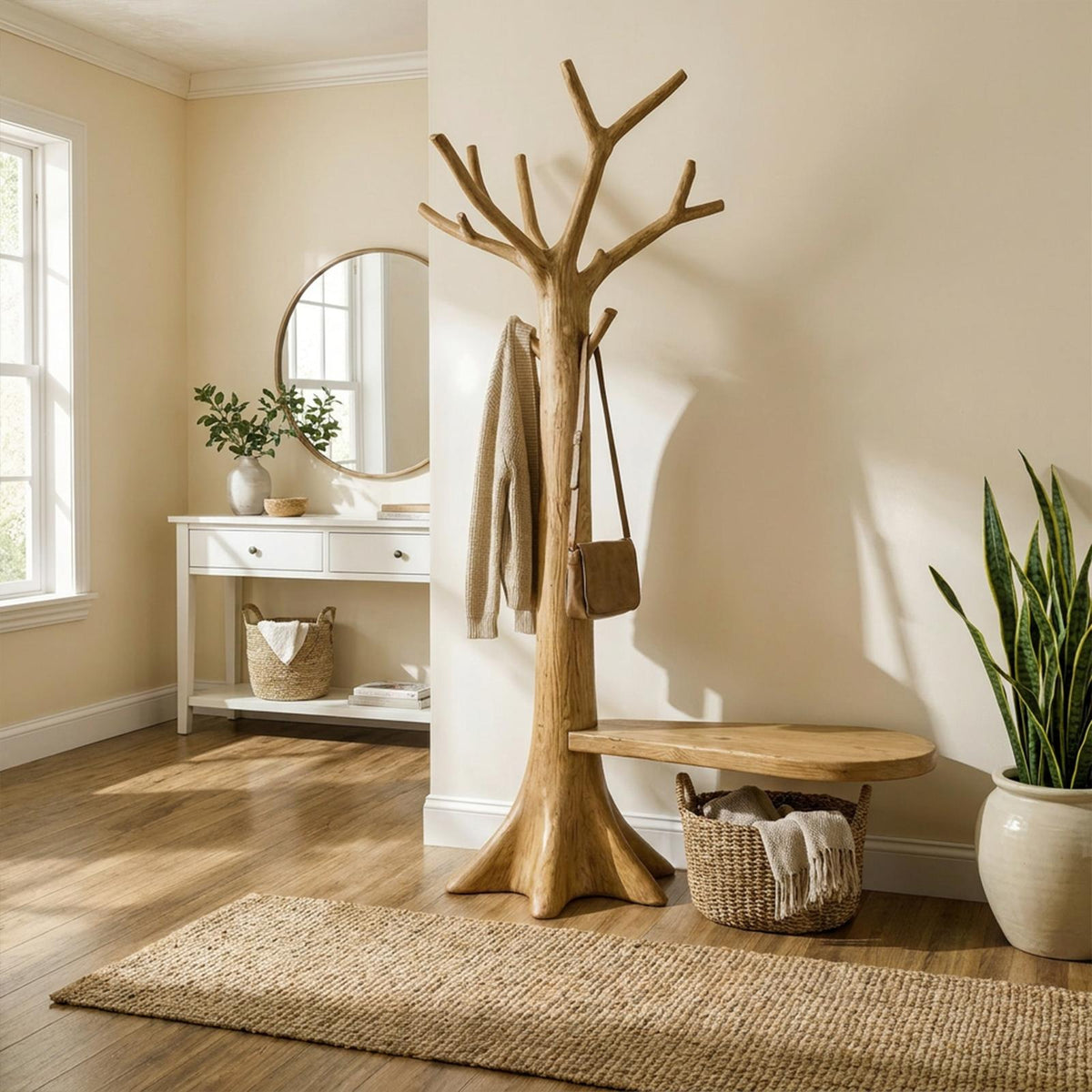 Sculptural Tree Coat Rack Solid Wood Entryway Interior Statement Decor
