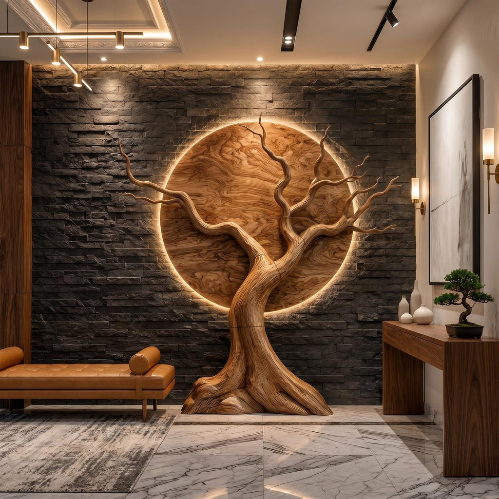 Organic Modern Tree Wall Art, 3D Sculptural Wooden Branch Statement Decor for Living Room