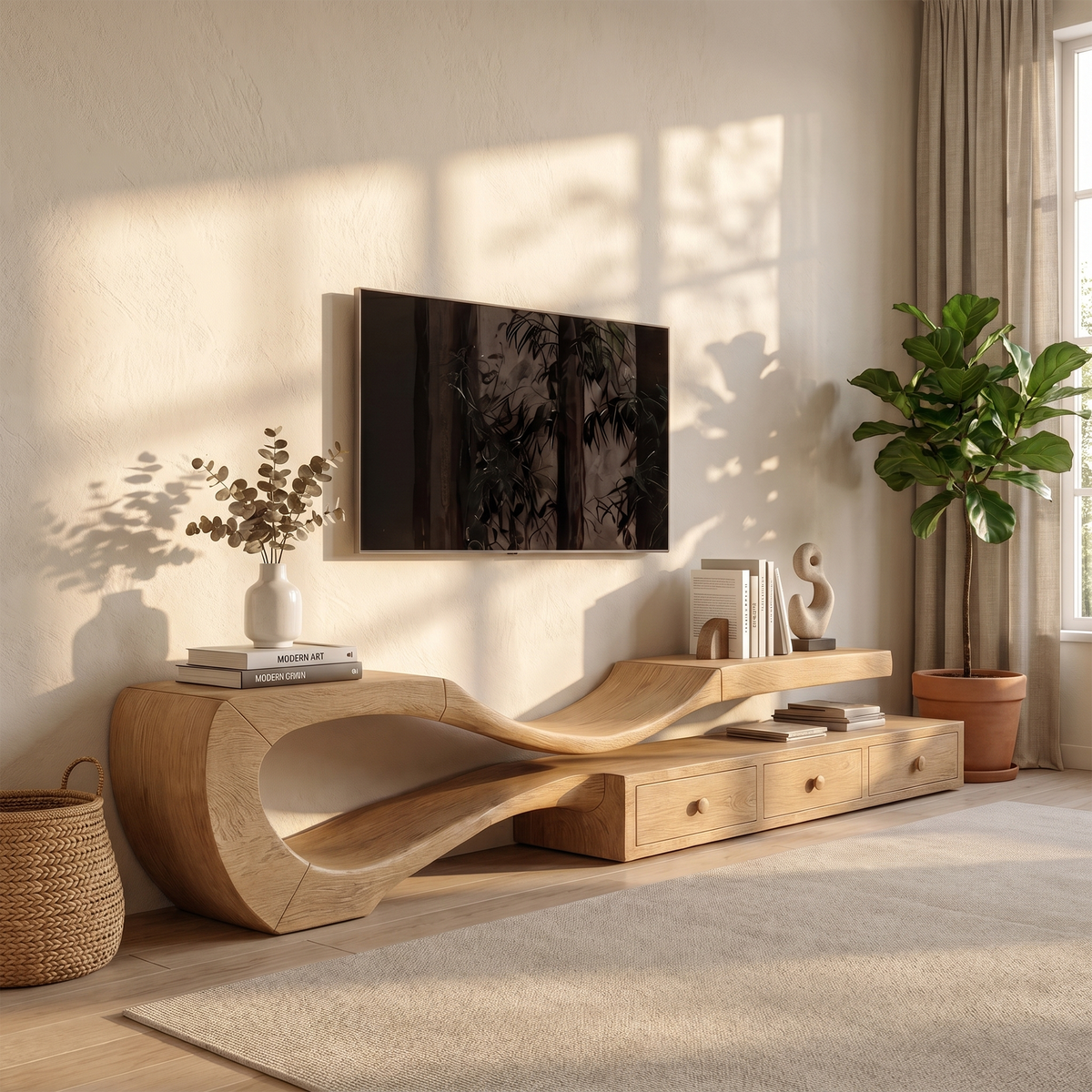 Modern TV Cabinet with Sculptural Curved Wood Base, Handcrafted Storage Drawers, Solid Wood Media Stand Credenza