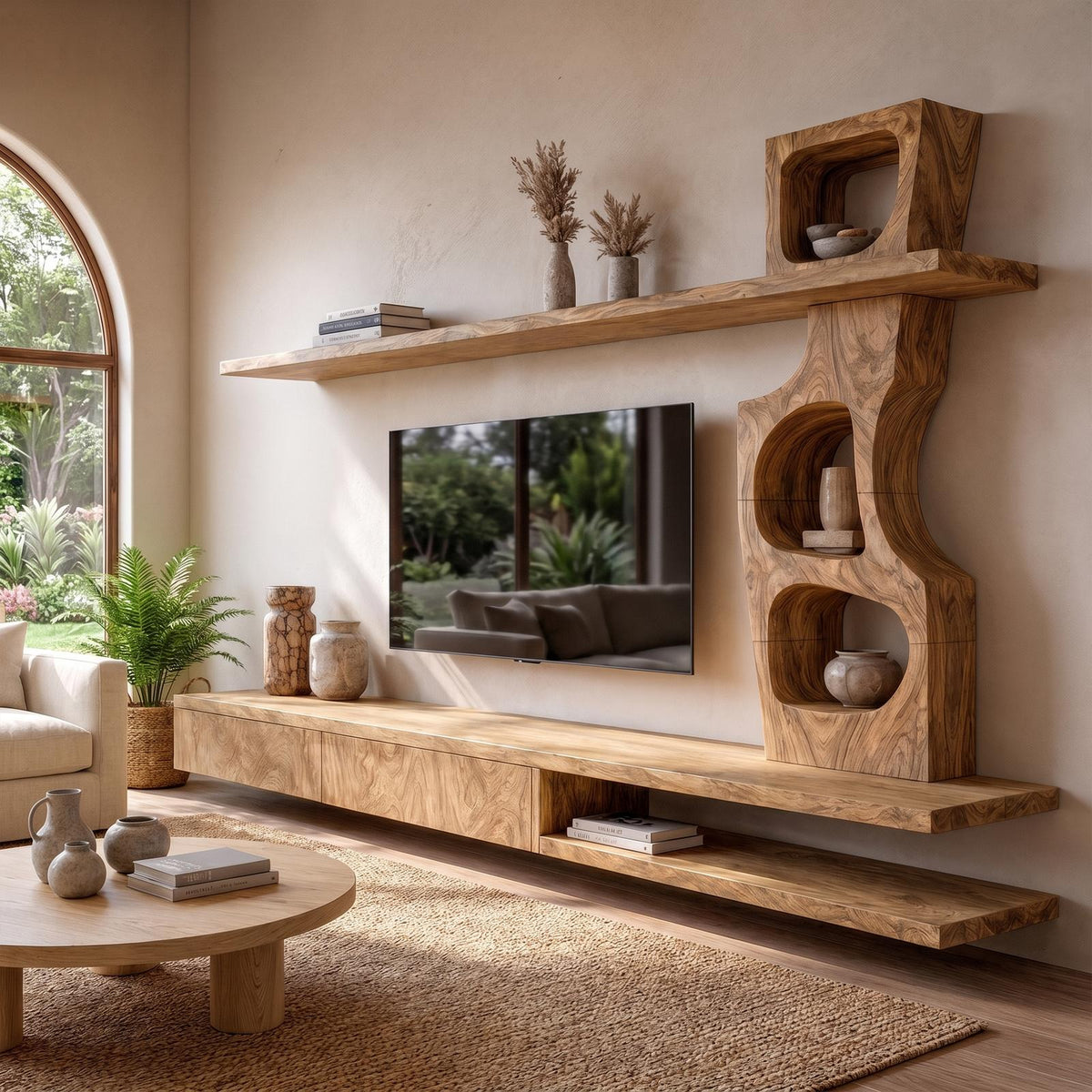 Sculptural Wood TV Cabinet with Tree Inspired Storage Shelves & Unique Media Credenza for Living Room