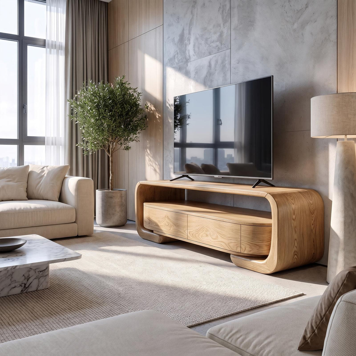 Organic Entertainment Center With Sculptural Live Edge Design For Living Room And Media Room