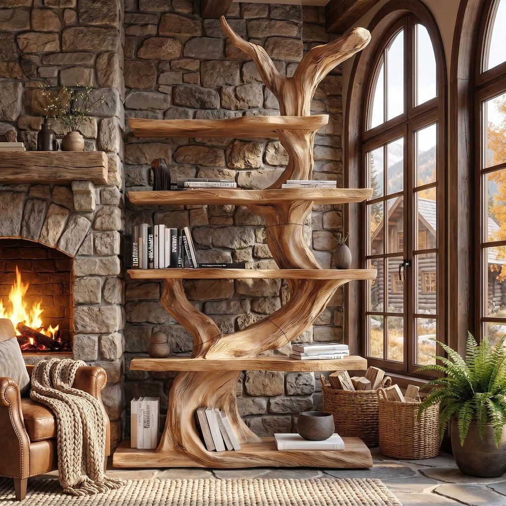 Organic Tree Bookshelf, Sculptural Wooden Branch Design Multi-Tier Open Display Shelves for Modern Living Room