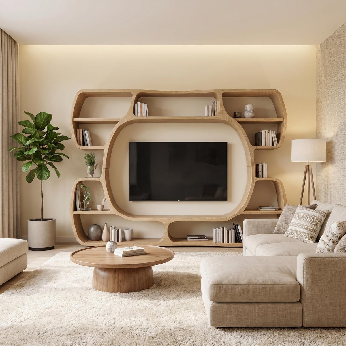 Organic Wood Entertainment Center with Sculptural Surround Shelves & Large TV Console for Living Room