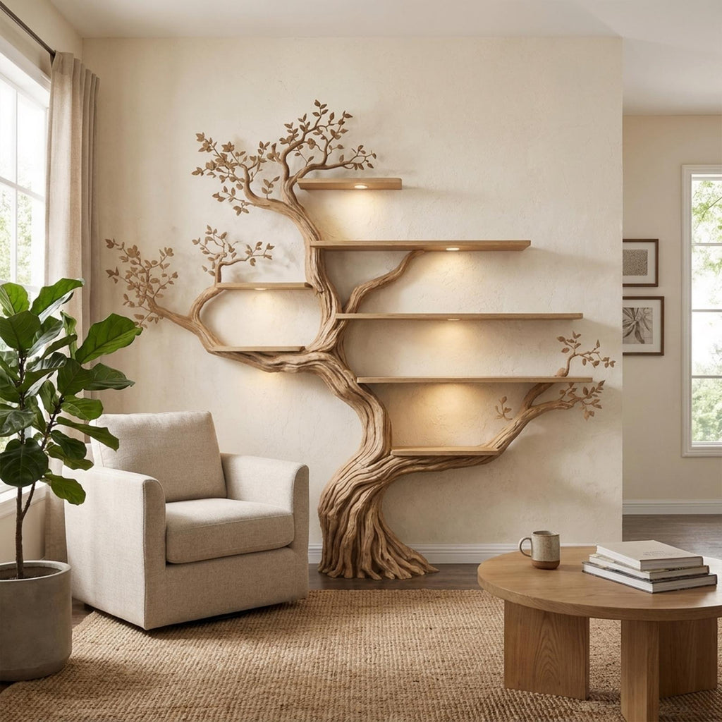 Modern Organic Tree Bookshelf, Flowing Sculptural Solid Wood Wall Mounted Floating Branch Bookcase for Living Room