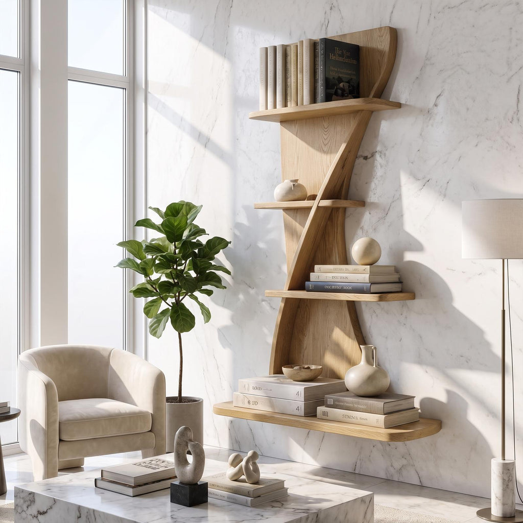 Sculptural Bookshelf Handcrafted Curved Wood Shelves For Home Office