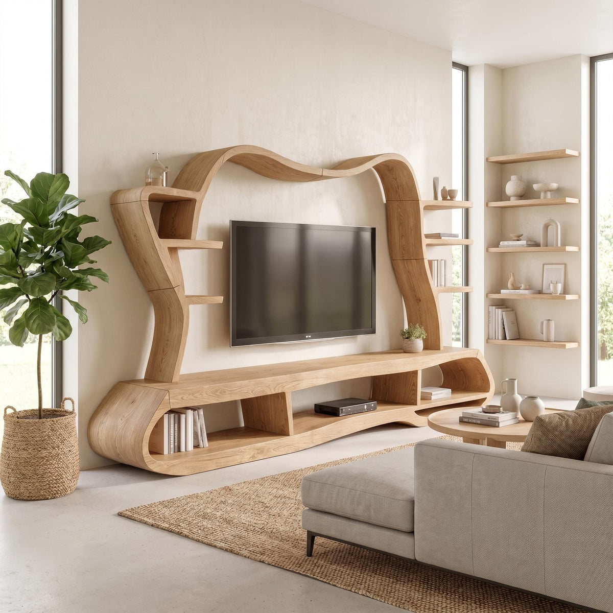 Modern Wood Entertainment Center with Sculptural Curved Shelving, Luxury Living Room TV Stand Console