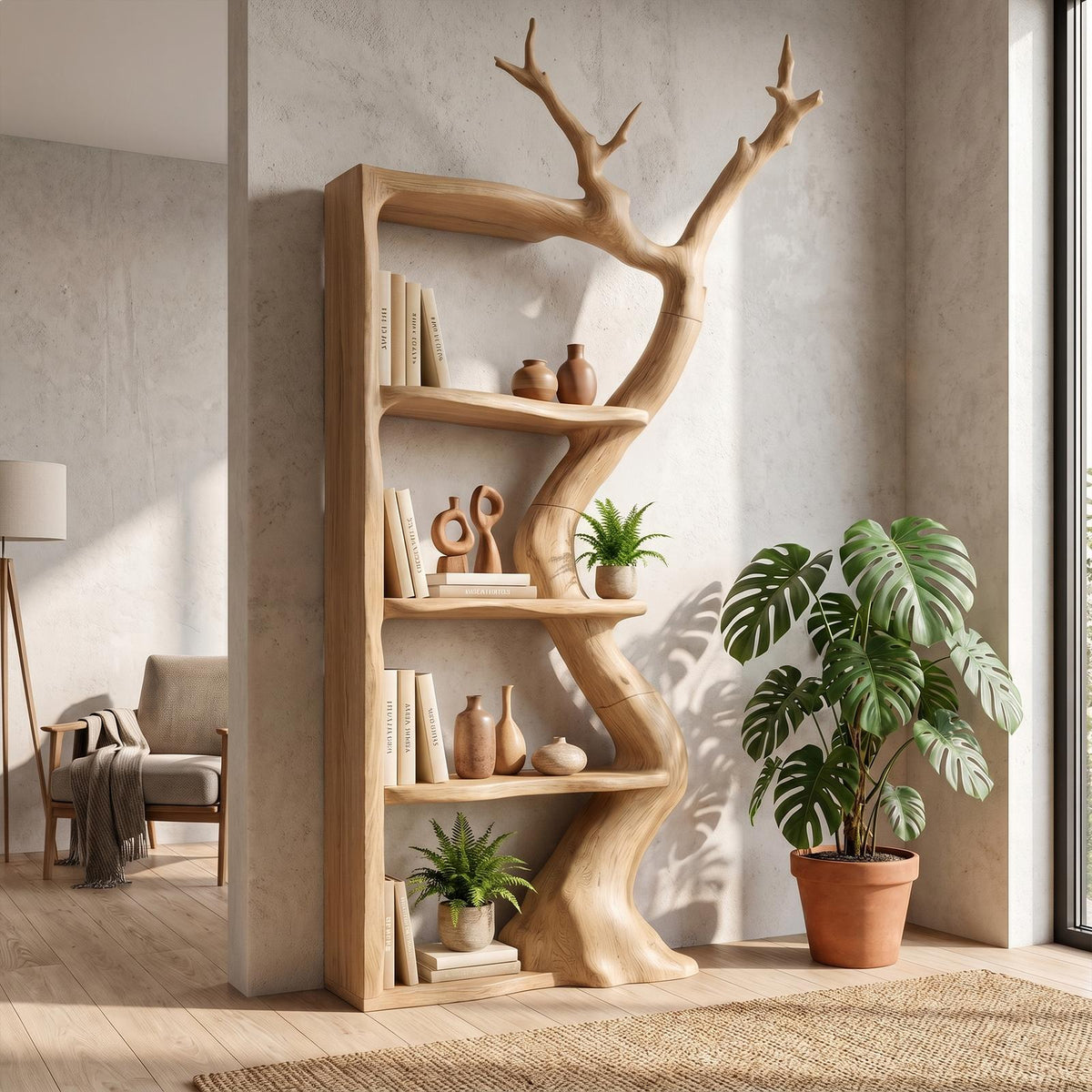 Sculptural Tree Bookshelf, Artistic Flowing Branch Shaped Solid Wood Open Display Shelves for Living Room Office