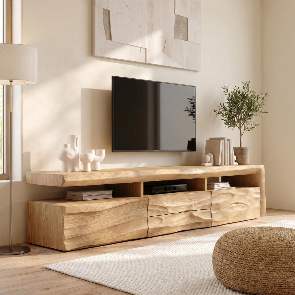 Organic TV Cabinet, Hand-Carved Textured Front Solid Wood Media Storage Console with Open Shelves for Living Room