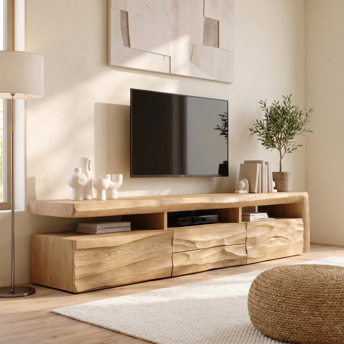 Organic TV Cabinet, Hand-Carved Textured Front Solid Wood Media Storage Console with Open Shelves for Living Room