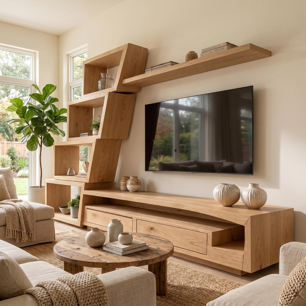 Organic Wood TV Cabinet with Artistic Open Shelving System & Modern Media Console Table for Living Room