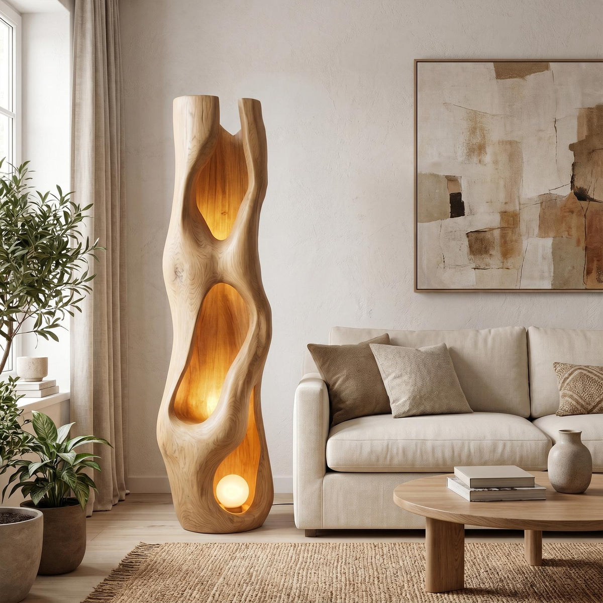 Nature Inspired Floor Lamp, Carved Driftwood Sculpture Tall Standing Light for Living Room