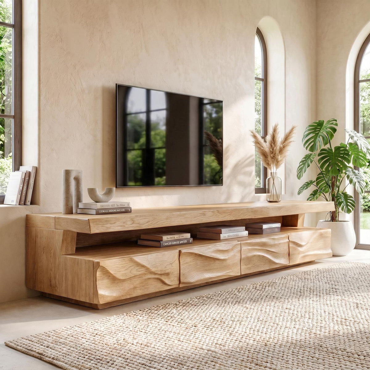 Modern Solid Wood TV Stand, Hand-Carved Textured Front Console Media Storage Cabinet for Living Room