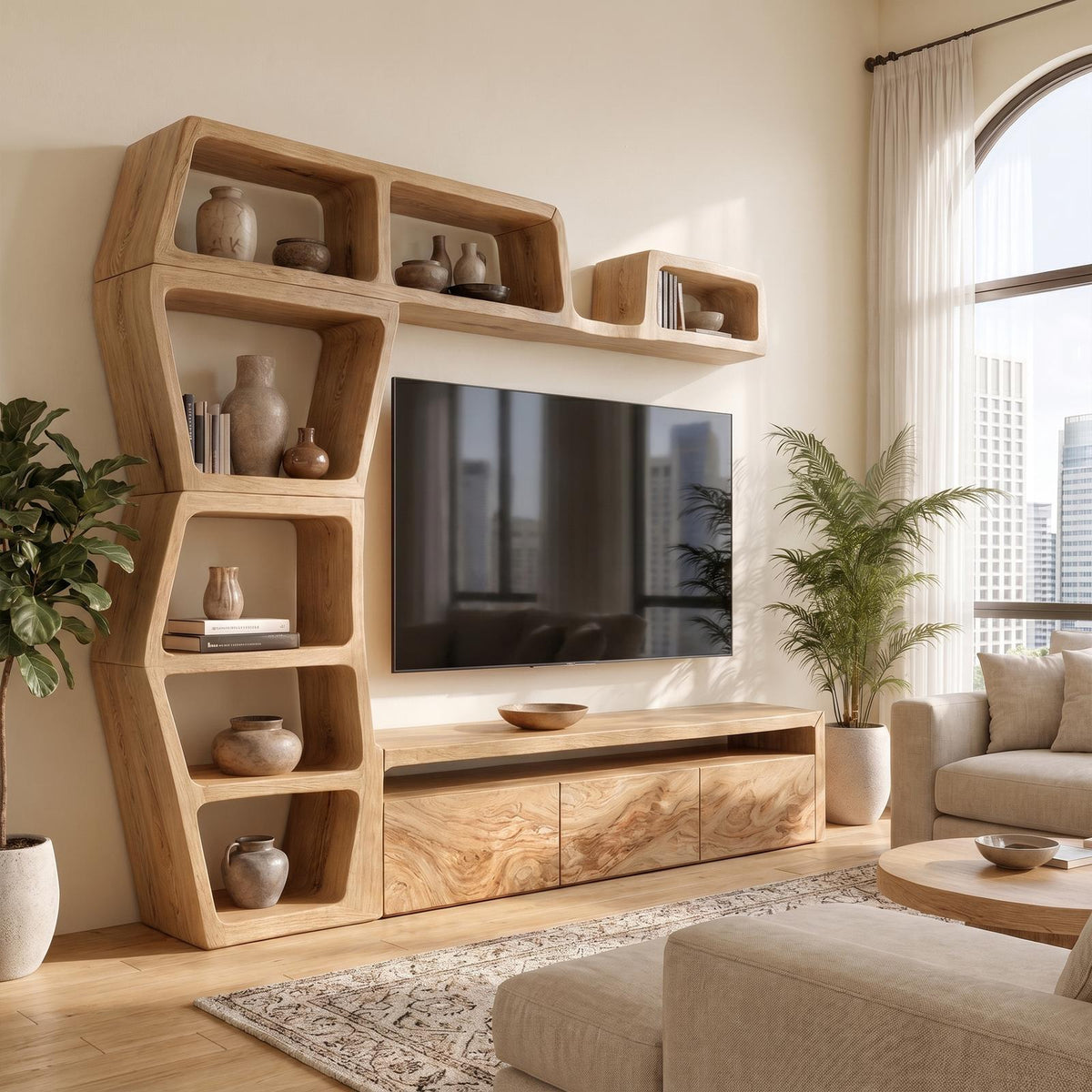 Contemporary Wooden Entertainment Center with Integrated Display Shelves & TV Console Table for Living Room