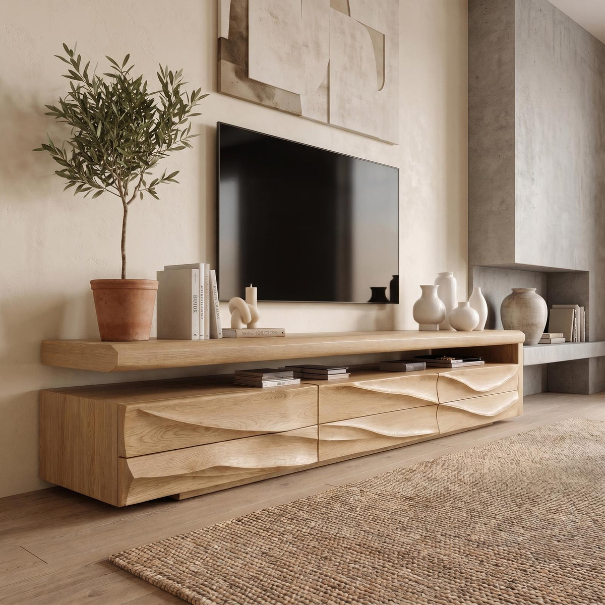 Organic Modern TV Cabinet Console, Handcrafted Curved Solid Wood Media Storage Credenza for Luxury Living Room