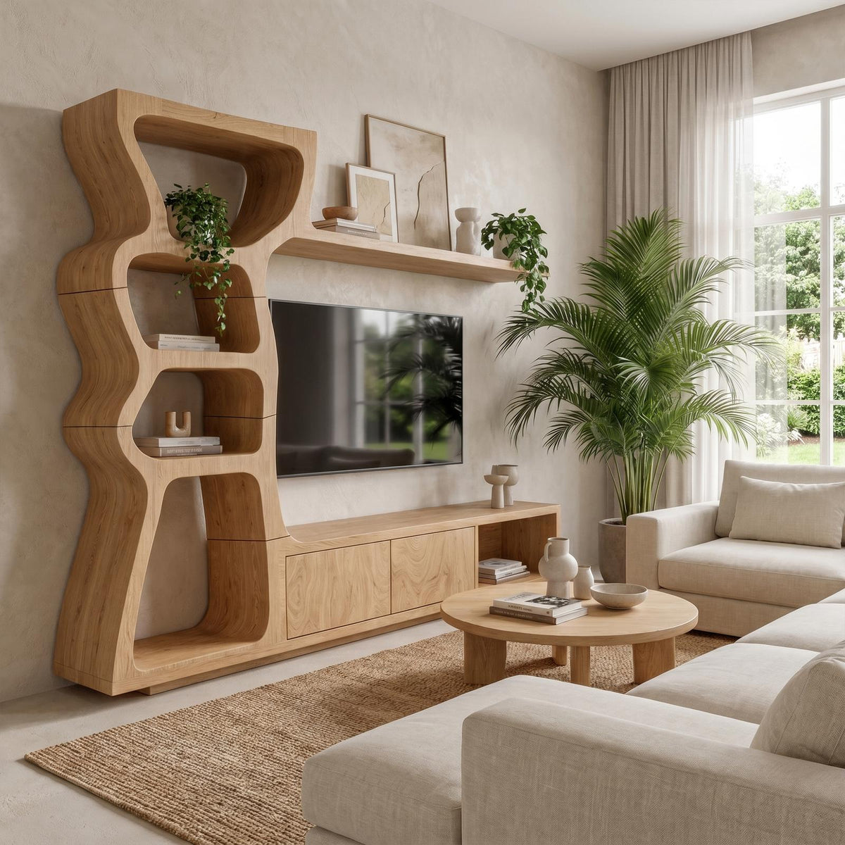 Modern Wood TV Cabinet with Curved Built-In Display Shelves & Entertainment Center Console for Living Room