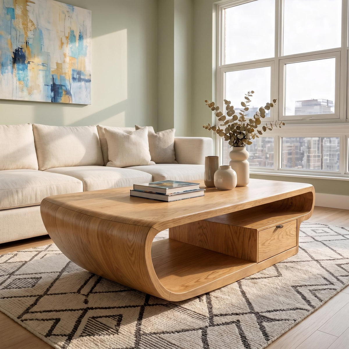 Spry Interior Organic Sculptural Coffee Table with Storage, Handcrafted Solid Wood Center Accent Table for Living Room, SINLKICF364