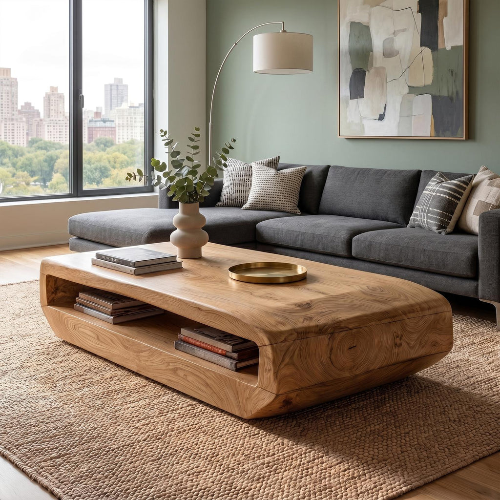 Rustic Natural Wood Coffee Table with Storage Shelf, Solid Wood Center Table for Cozy Living Room