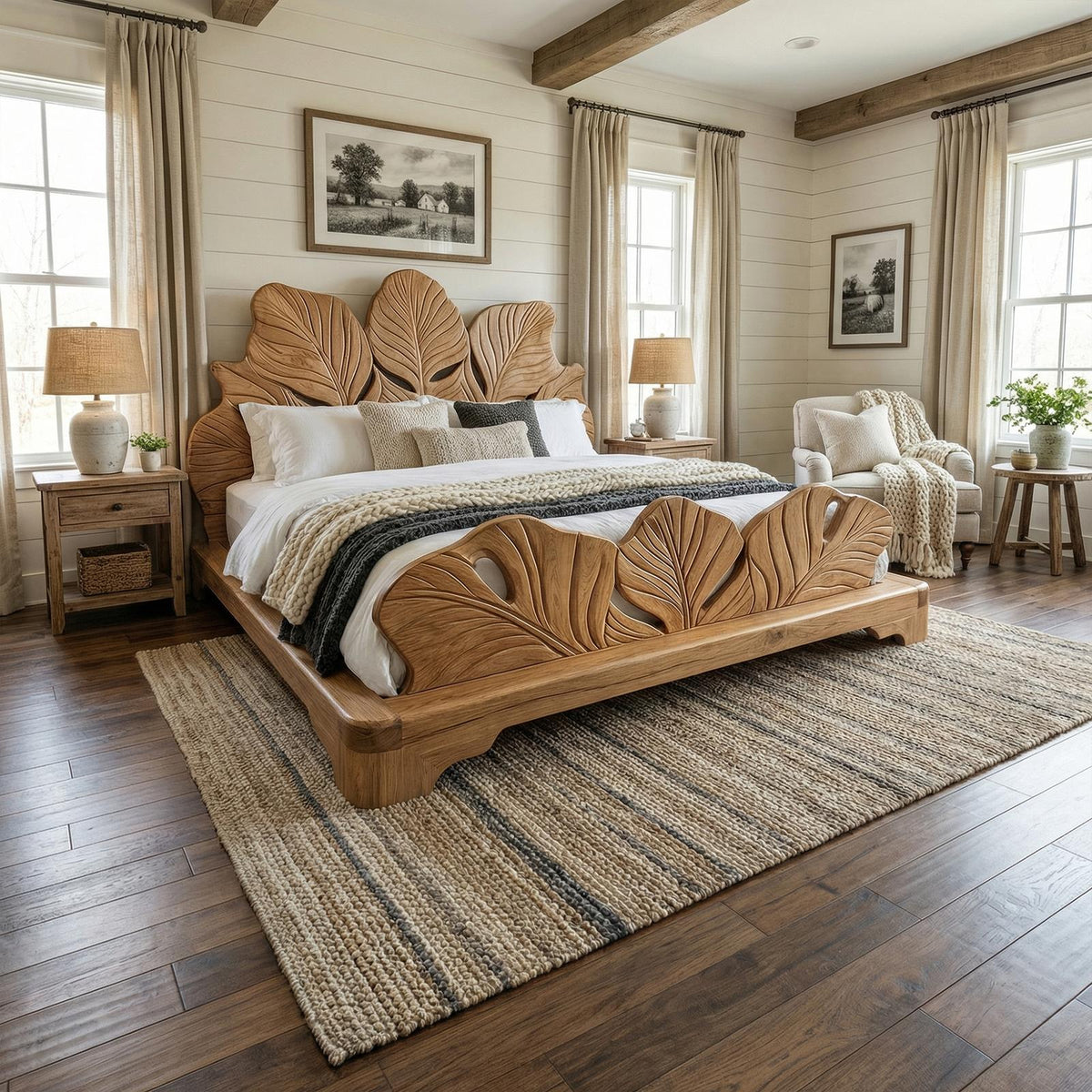 Spry Interior Boho Rattan Platform Bed Frame with Woven Cane Headboard, Solid Wood Tropical Mid-Century Bed Frame - SINLKIWB115