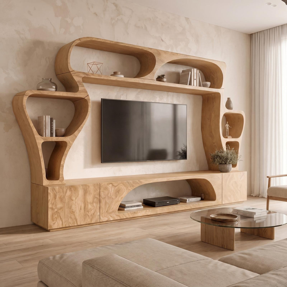 Solid Wood Statement TV Console, Handcrafted Living Room Entertainment Center with Sculptural Wall Shelves, Model