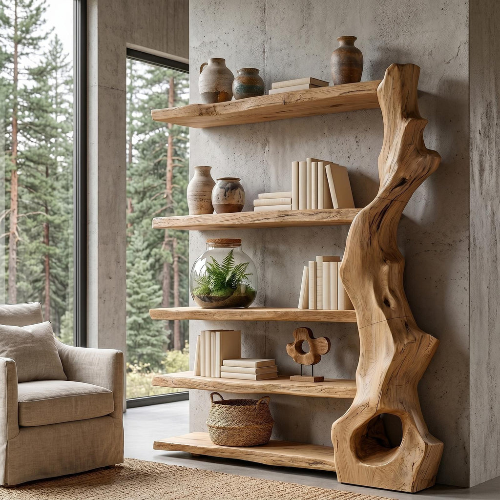 Rustic Tree Bookshelf with Handcrafted Branch Base, Solid Wood Bookcase Organizer with Open Shelves for Home Office Living Room