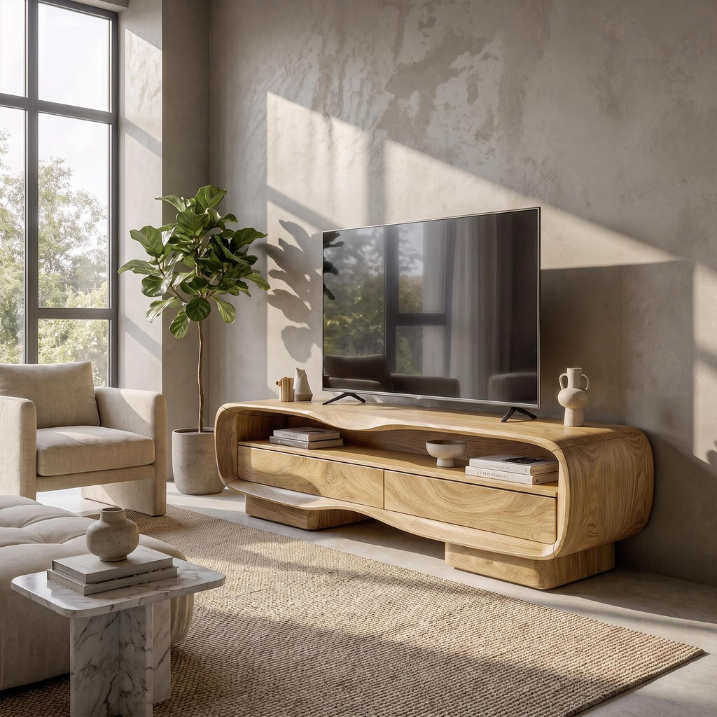 Natural Media Console With Solid Block Design For Living Room And Family Room