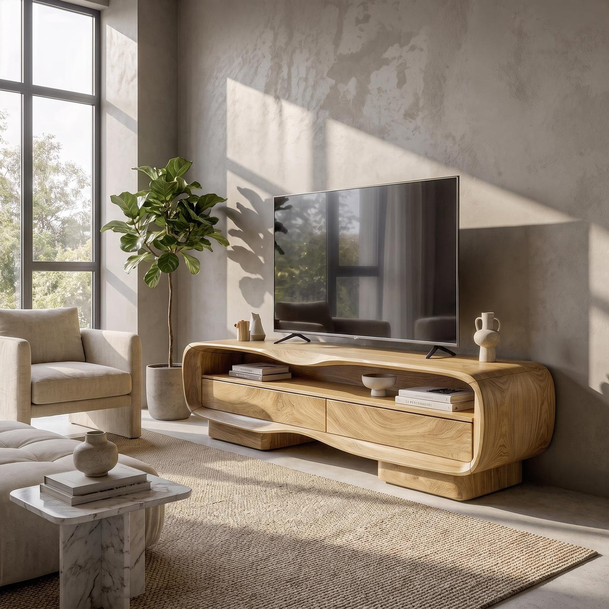 Natural Media Console With Solid Block Design For Living Room And Family Room
