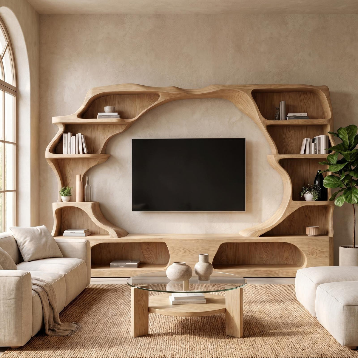 Nature-Inspired Wooden Entertainment Center, Handcrafted Living Room TV Console with Organic Display Shelves, Model