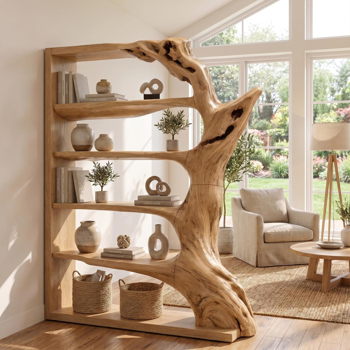 Contemporary Tree Bookshelf, Artistic Solid Wood Branch Book Display Rack Organizer, Modern Decorative Bookcase for Living Room, SINLKITB740
