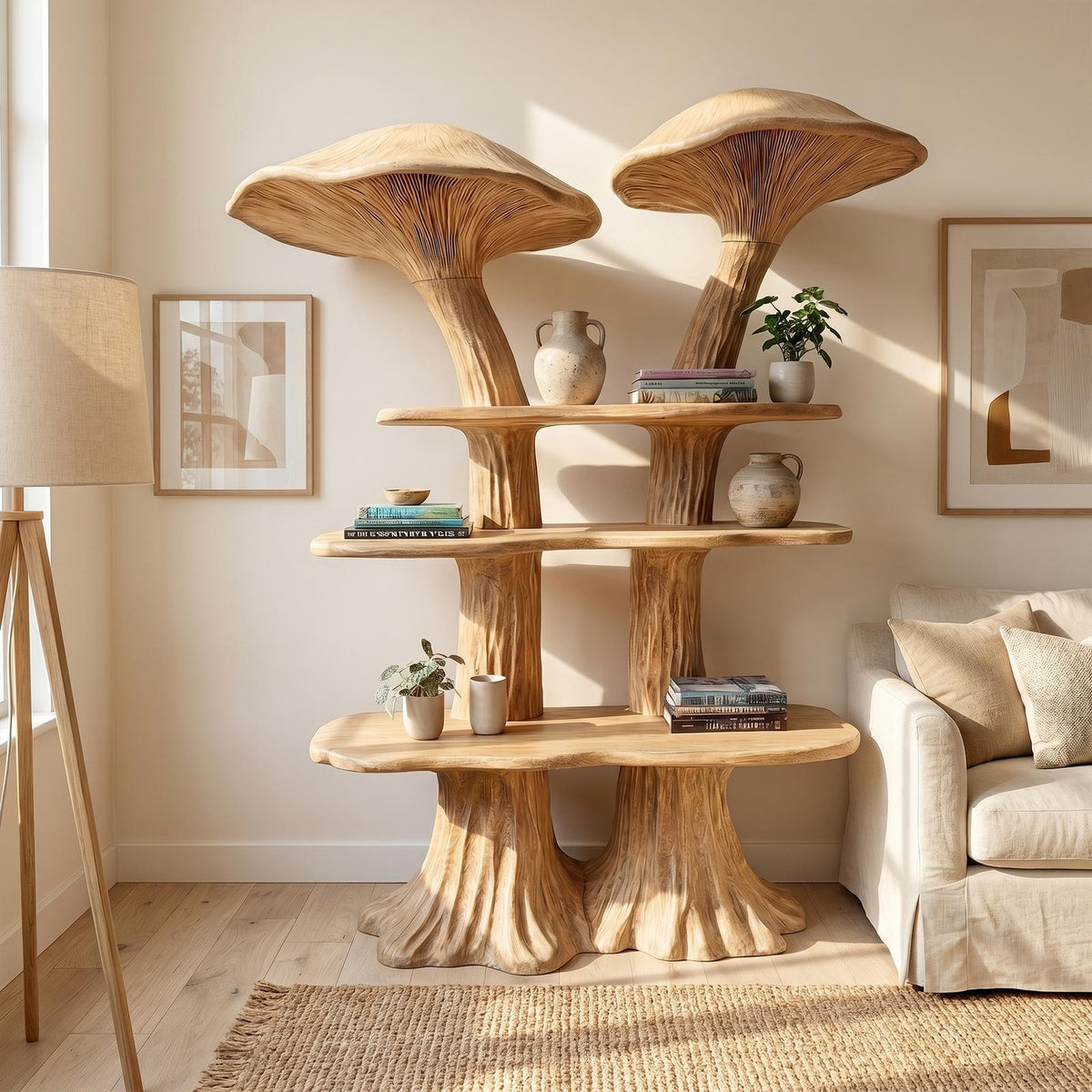 Rustic Mushroom Bookshelf with Handcrafted Solid Wood Shelving, Whimsical Bookcase Organizer for Living Room