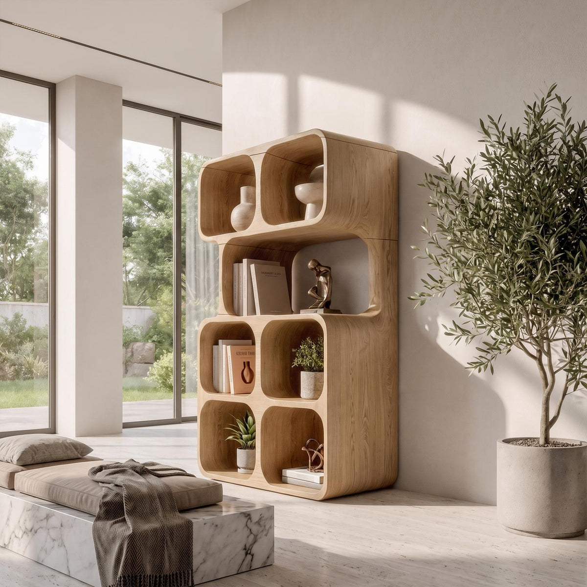 Statement Leaning Bookshelf Handcrafted Organic Wood Design For Modern Home