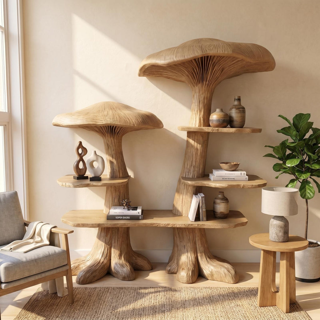 Nature-Inspired Mushroom Bookshelf, Solid Wood Open Display Shelving & Bookcase Storage Unit for Living Room