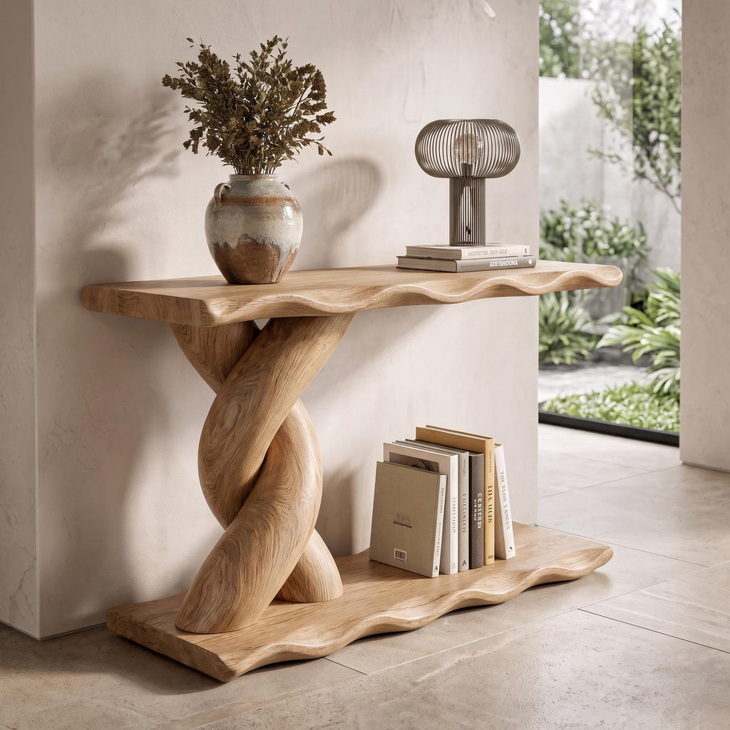 Contemporary Console Table With Spiral Base And Lower Display Shelf For Living Room SINLKICS701