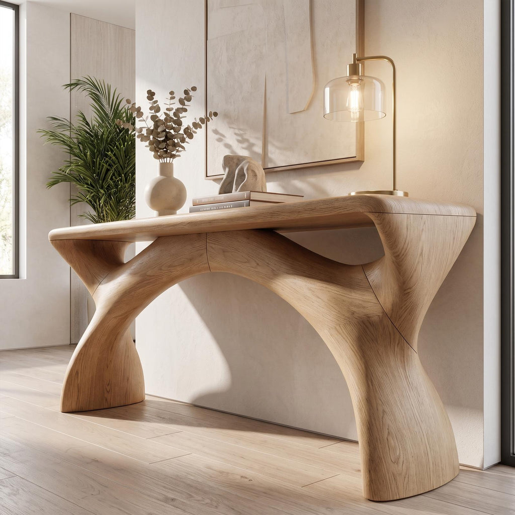 Mid Century Console Table With Flowing Curved Frame For Entryway