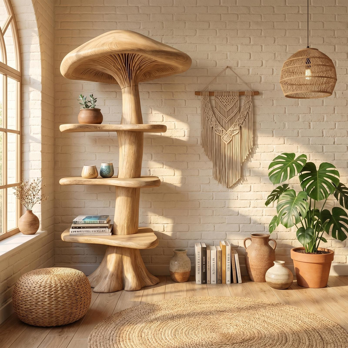 Organic Mushroom Bookshelf with Handcrafted Solid Wood Shelves, Whimsical Bookcase & Storage Unit for Living Room