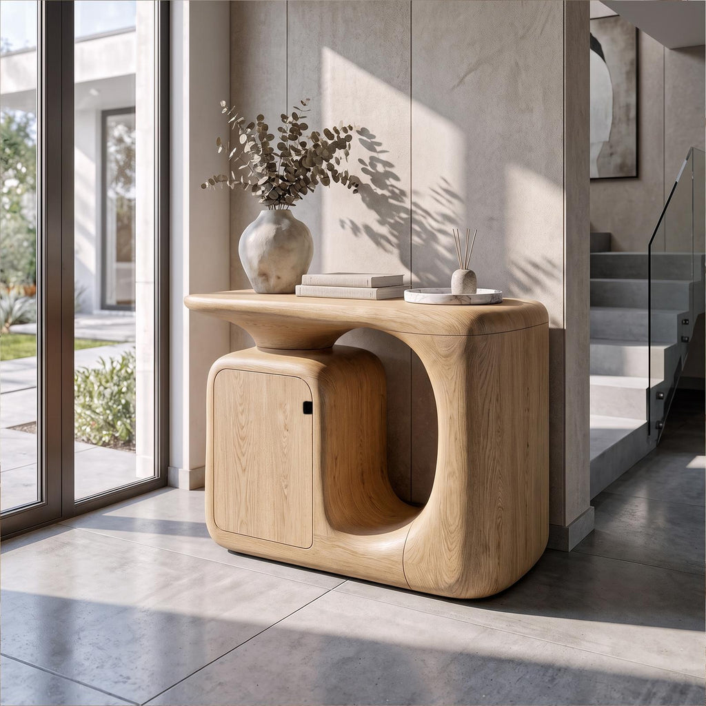 Modern Sculptural Console Table With Rounded Storage Cabinet For Entryway