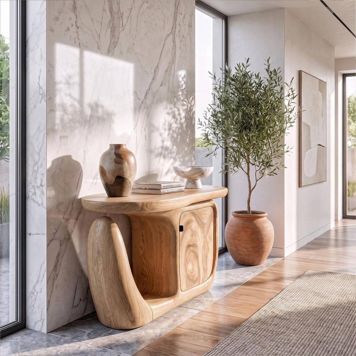 Contemporary Console Table With Sculptural Base And Storage For Entryway