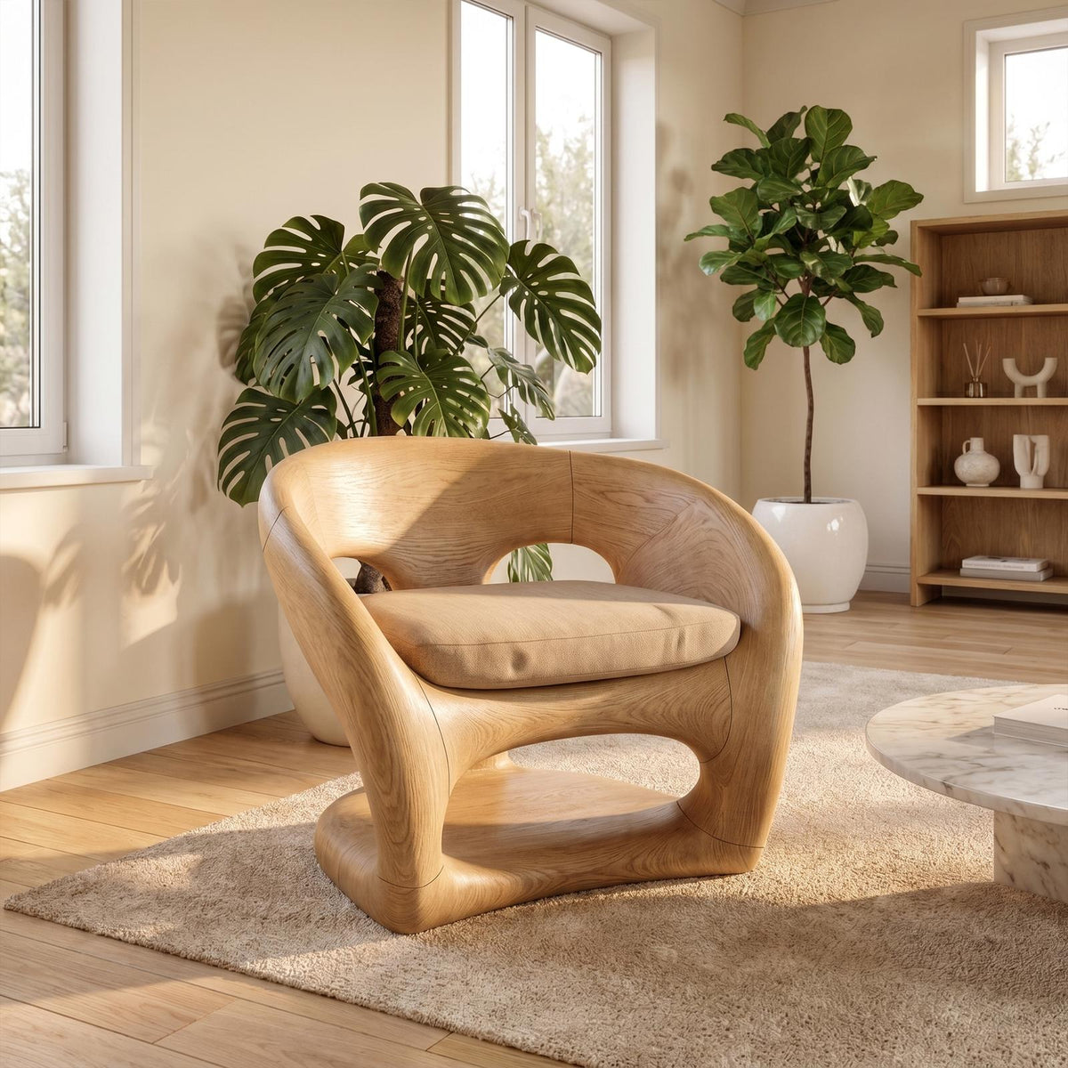 Nature Inspired Armchair Artistic Curved Wood Design For Living Room SINLKIAC028