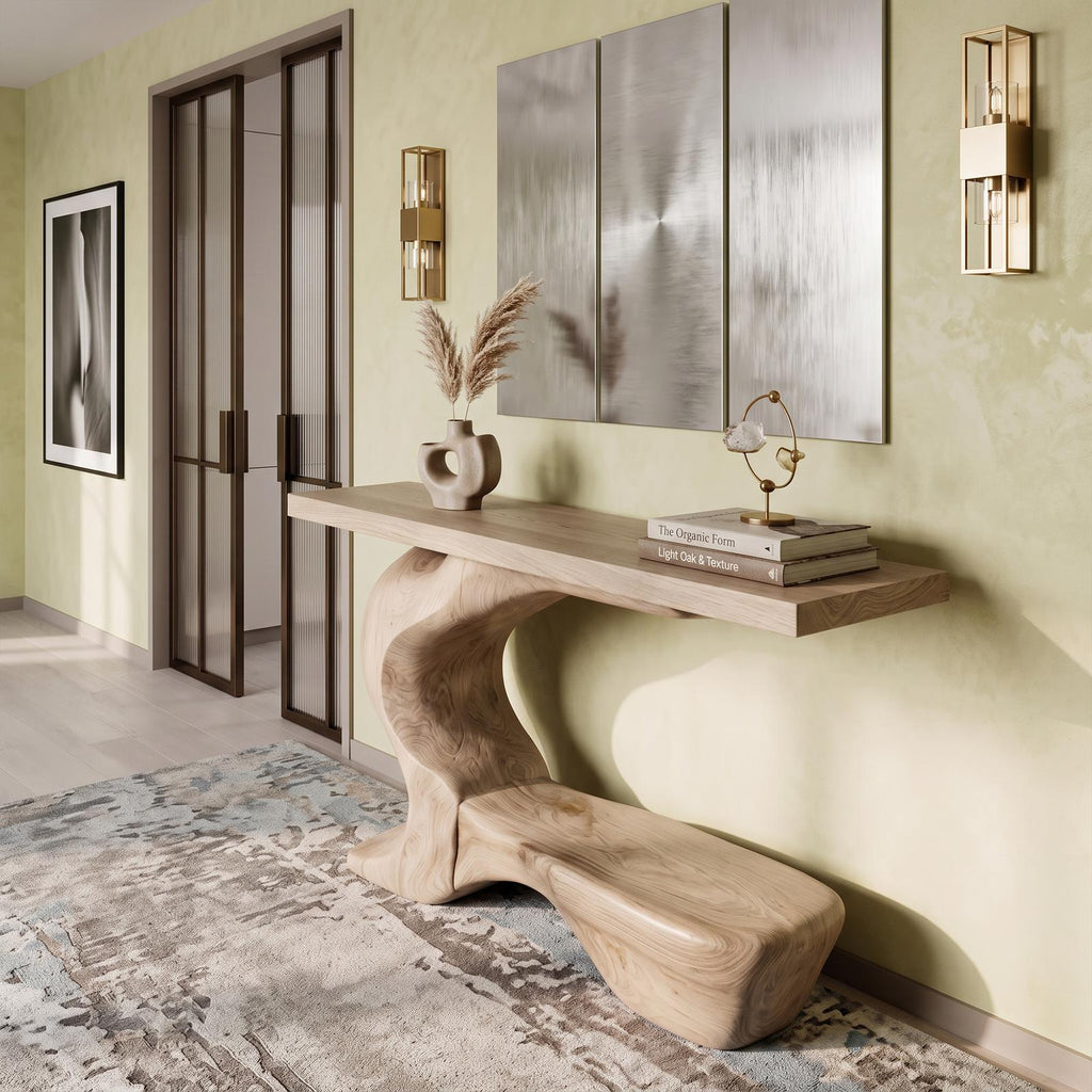 Rustic Sculptural Console Table With Curved Base For Entryway