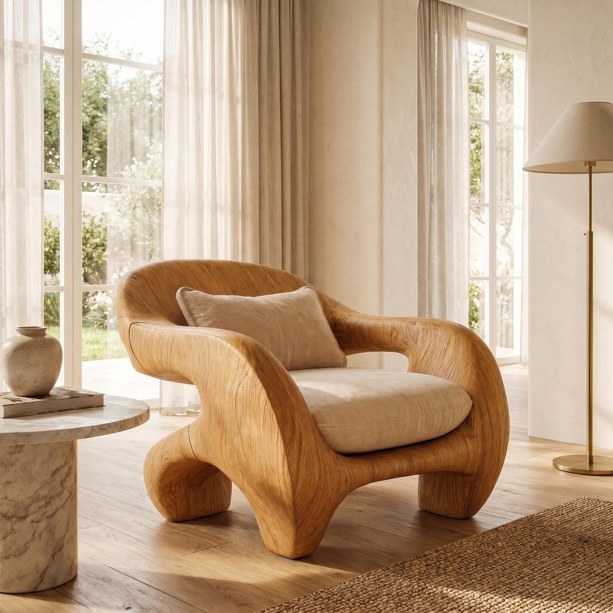 Organic Armchair Sculptural Wood Frame Design For Living Room SINLKIAC029