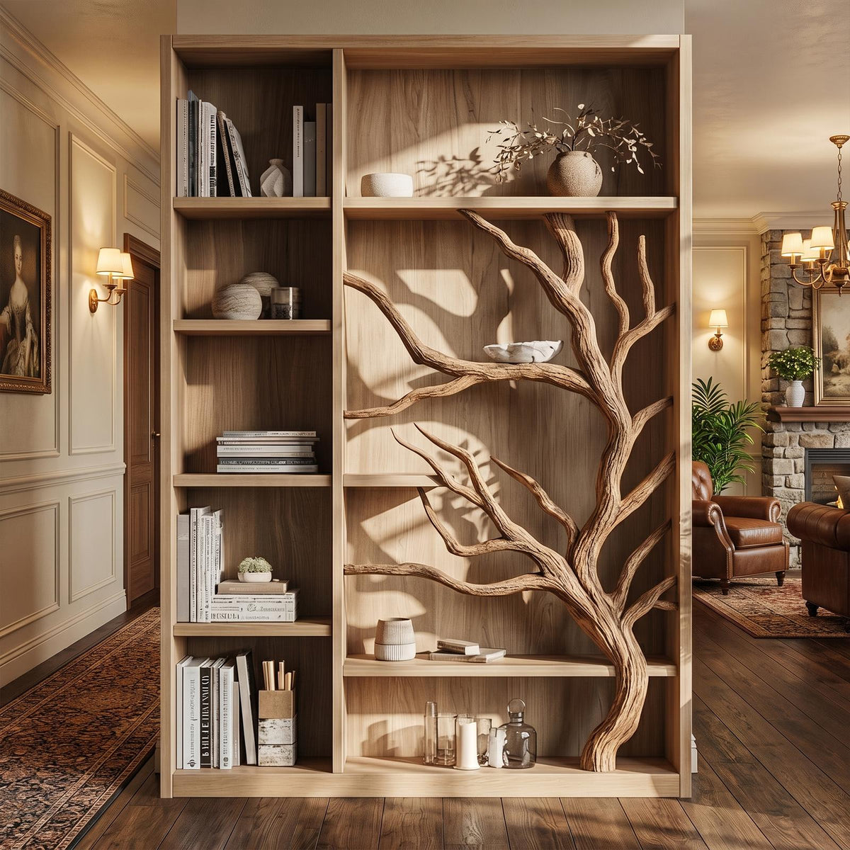 Tree Bookcase Cabinet With Open Display Shelves For Living Room And Study