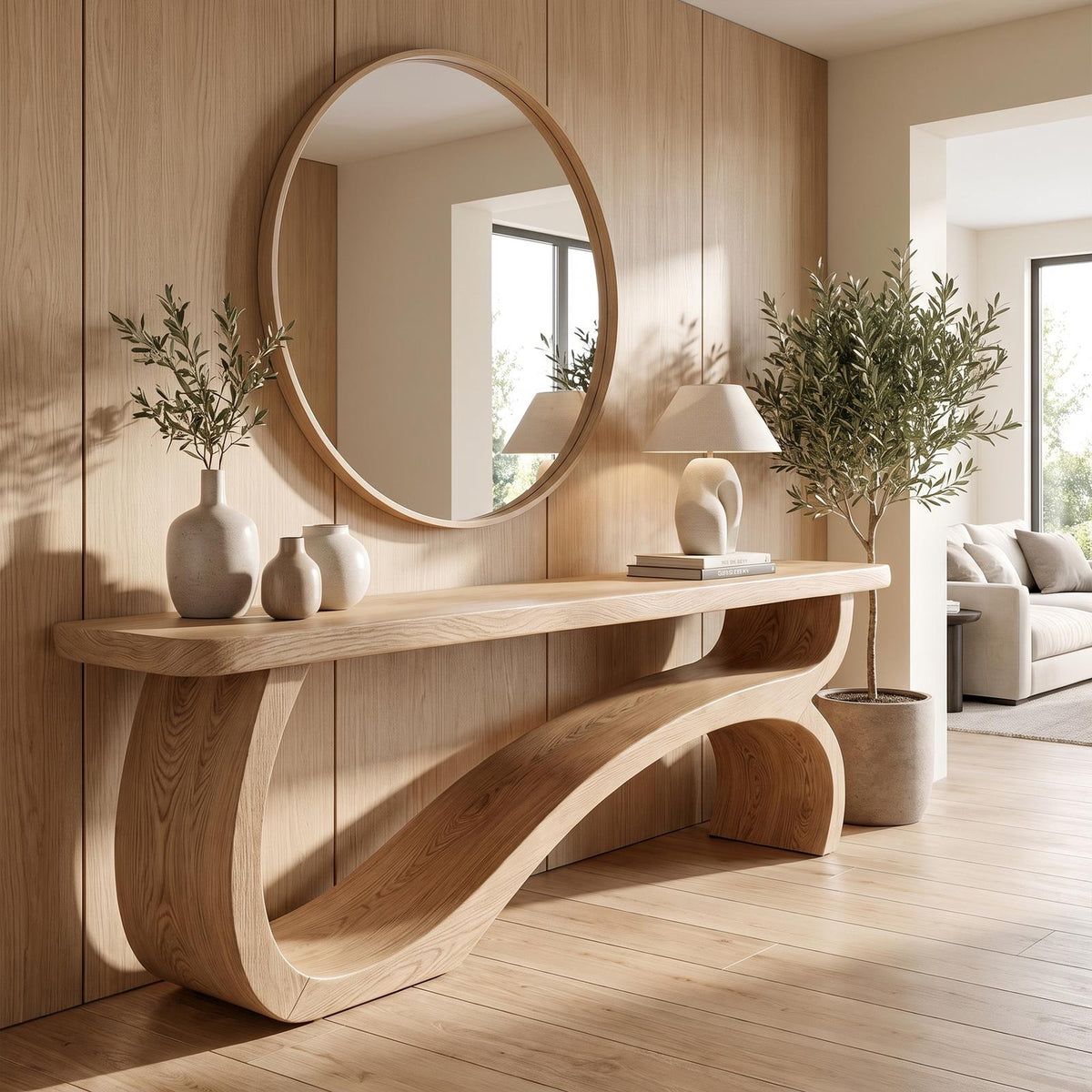Modern Console Table Table With Sculptural Open Wood Base For Living Room